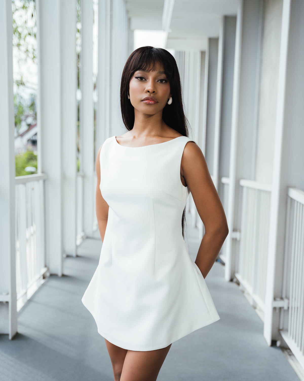 Fleur Elize Elisa white boat neck mini dress front view elegant bridal shower silhouette
