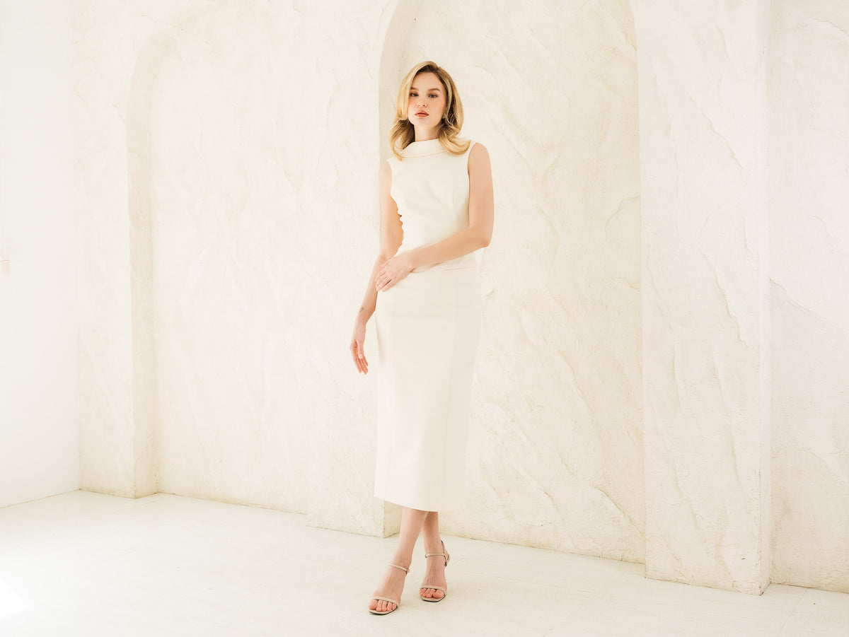 Fleur Elize Lorelei ivory shawl collar dress front view elegant bridal shower silhouette