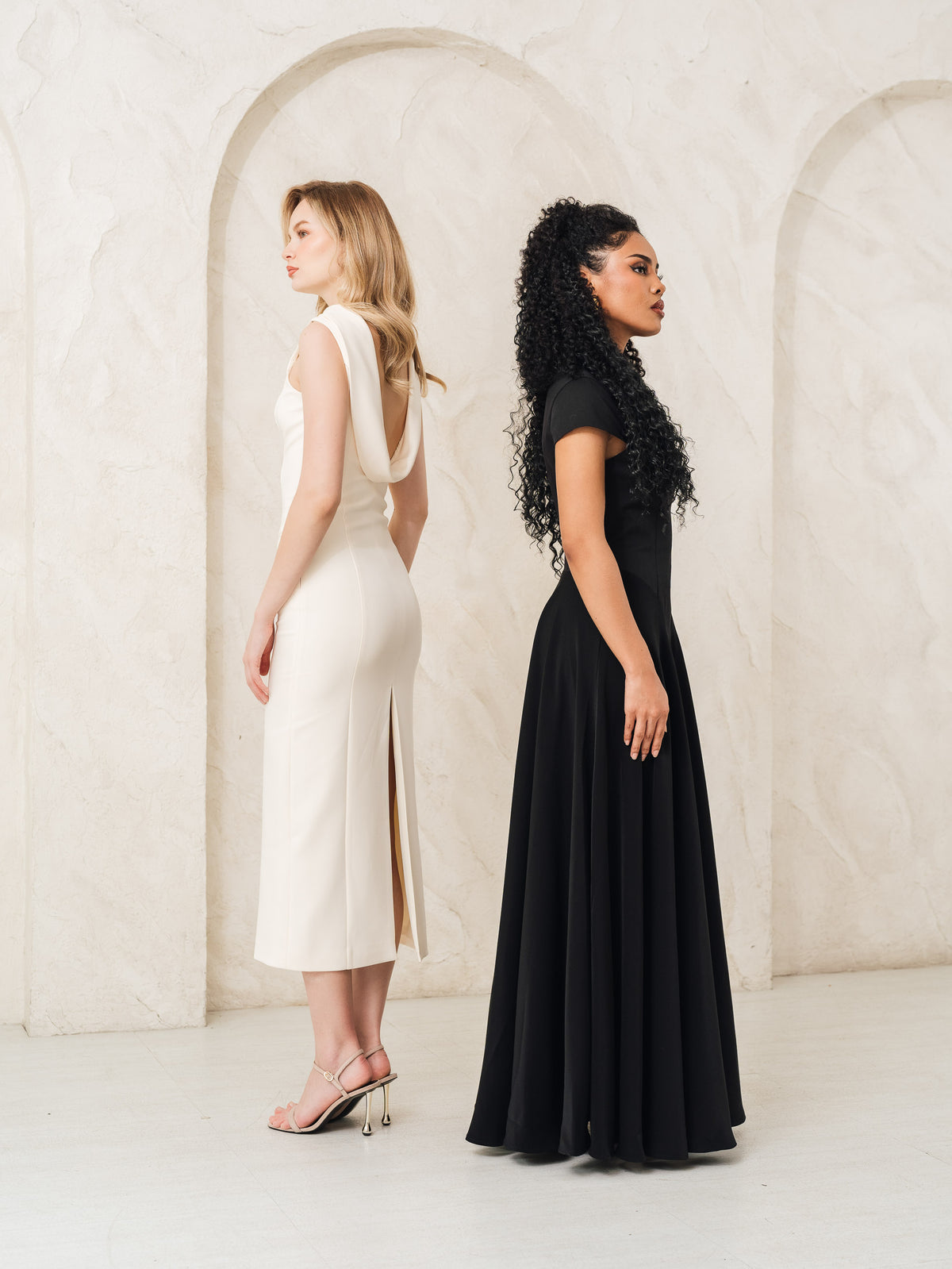 Fleur Elize Lorelei ivory dress side profile sleek rehearsal dinner sophistication