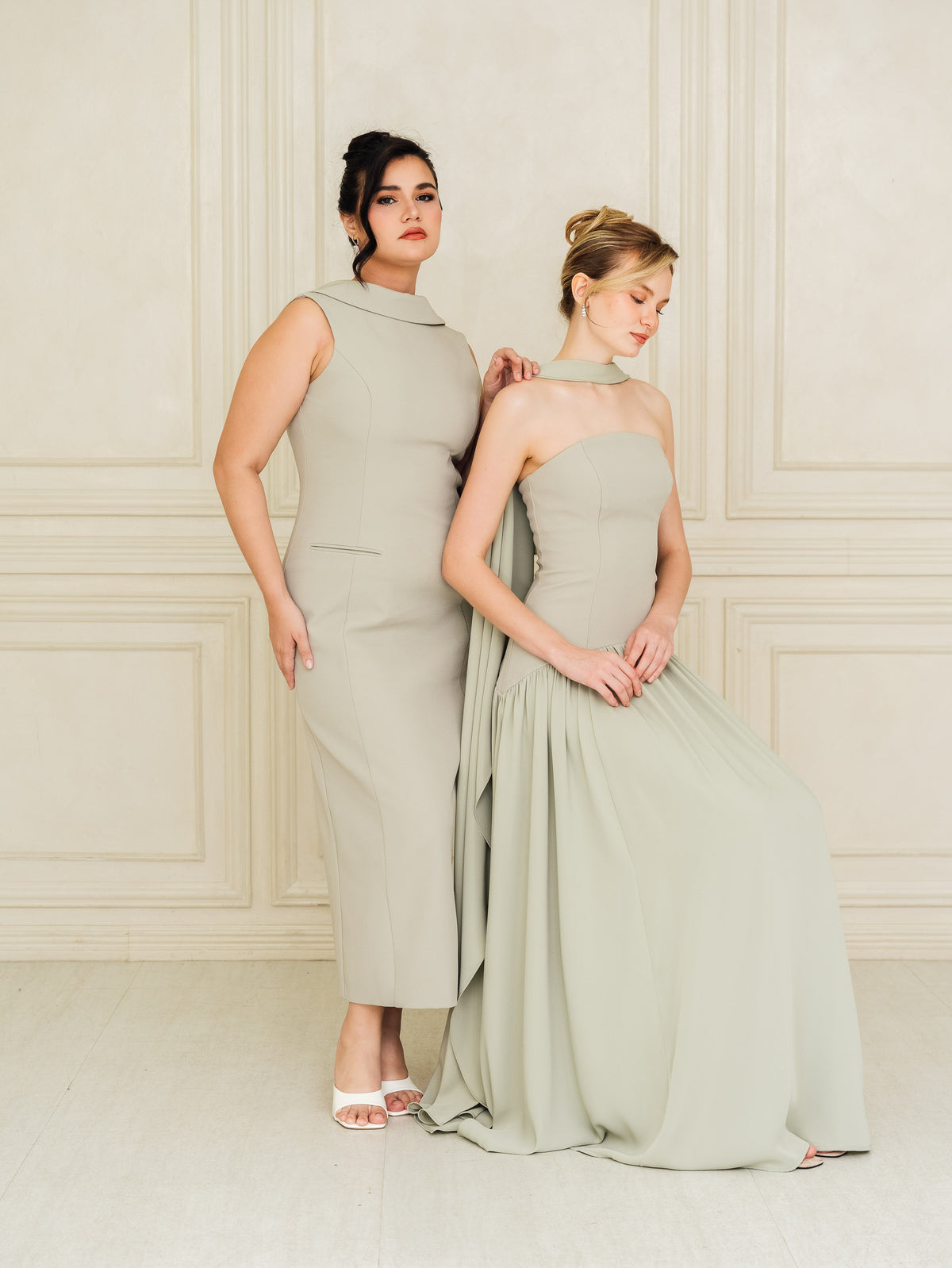 Fleur Elize Isabella sage flowy tube top dress with detachable shawl front view garden party elegance