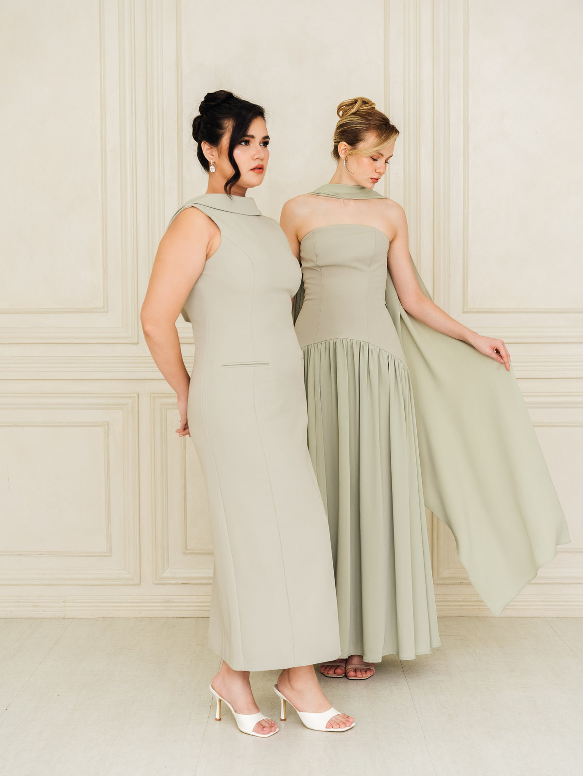 Fleur Elize Lorelei sage shawl collar dress front view elegant garden party silhouette