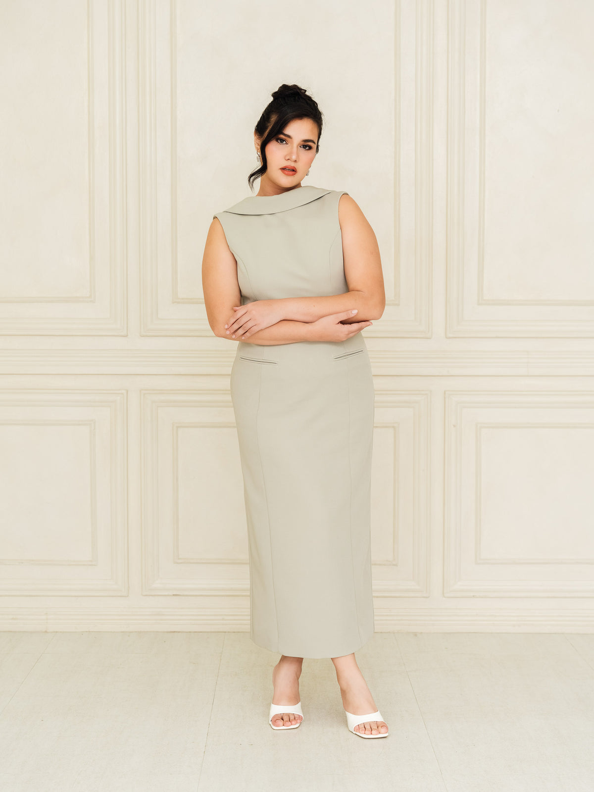 Fleur Elize Lorelei sage shawl collar dress front view elegant garden party silhouette