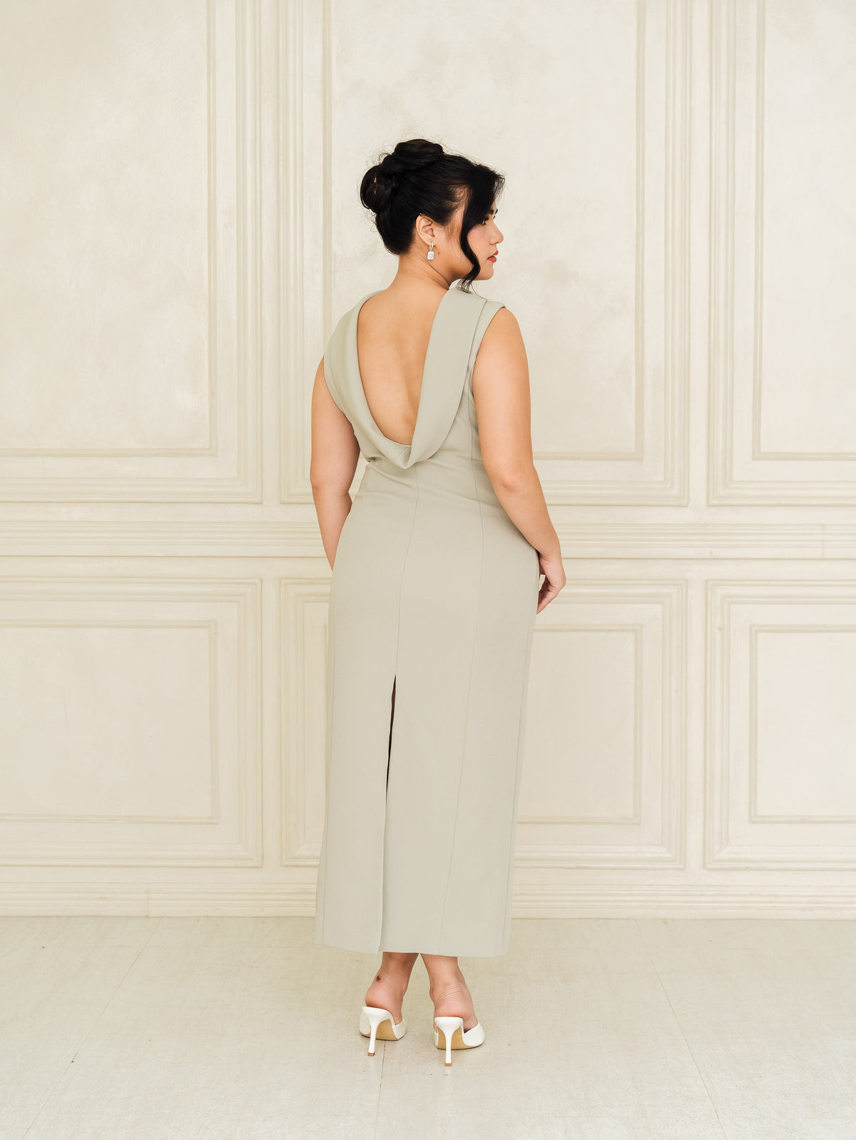Fleur Elize Lorelei sage shawl collar dress back view refined bridesmaid event styling