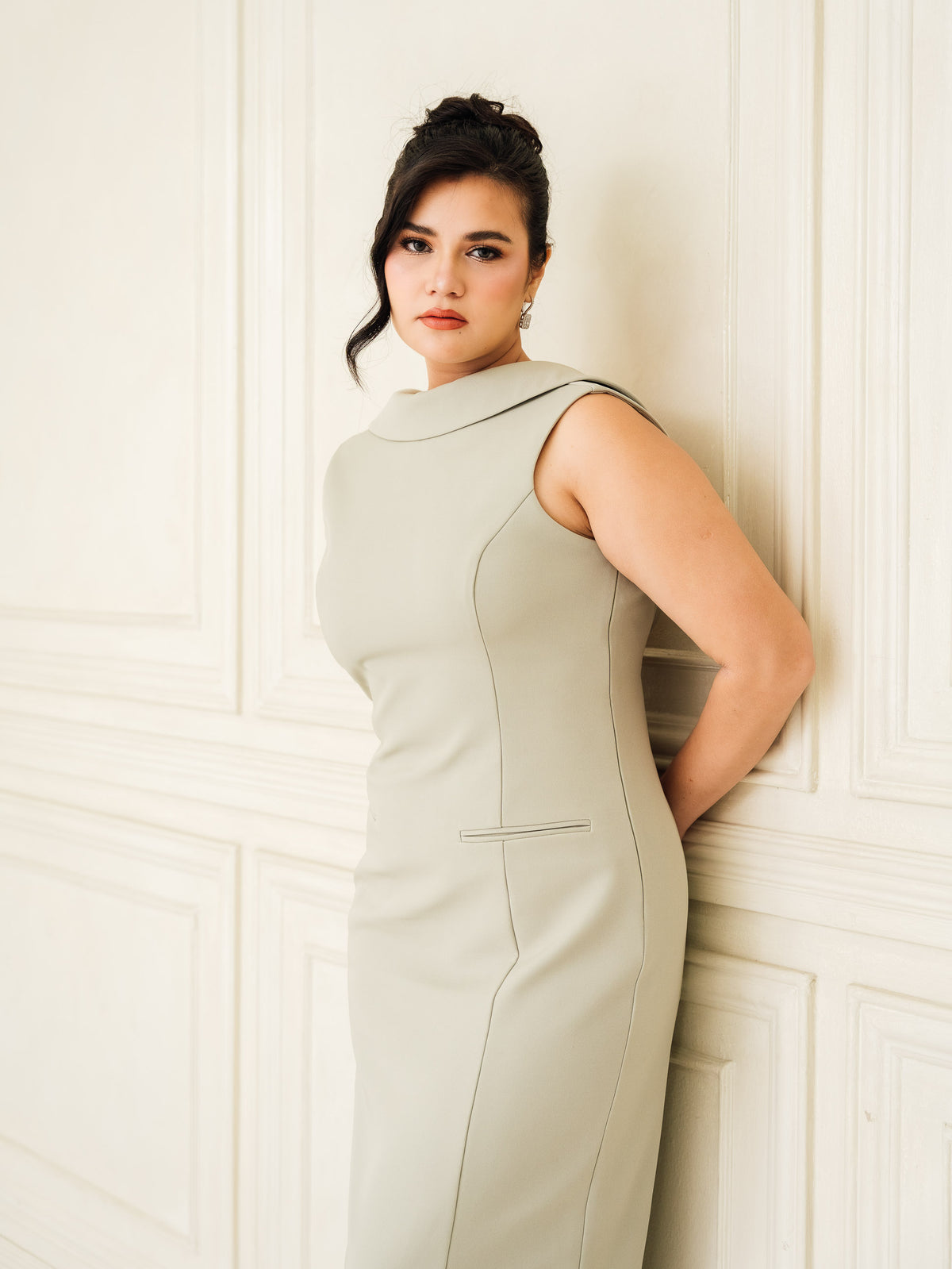 Fleur Elize Lorelei sage shawl collar dress front view elegant garden party silhouette