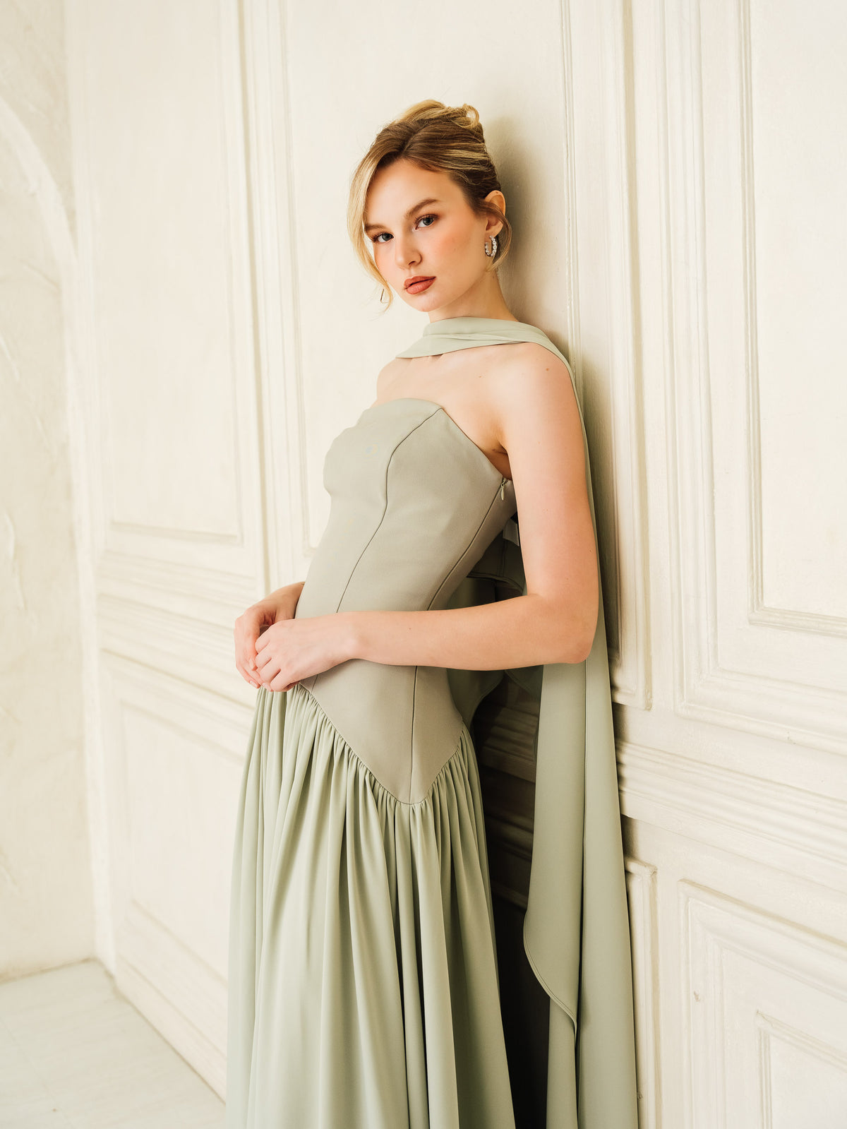 Fleur Elize Isabella sage tube dress side profile sleek bridesmaid sophistication