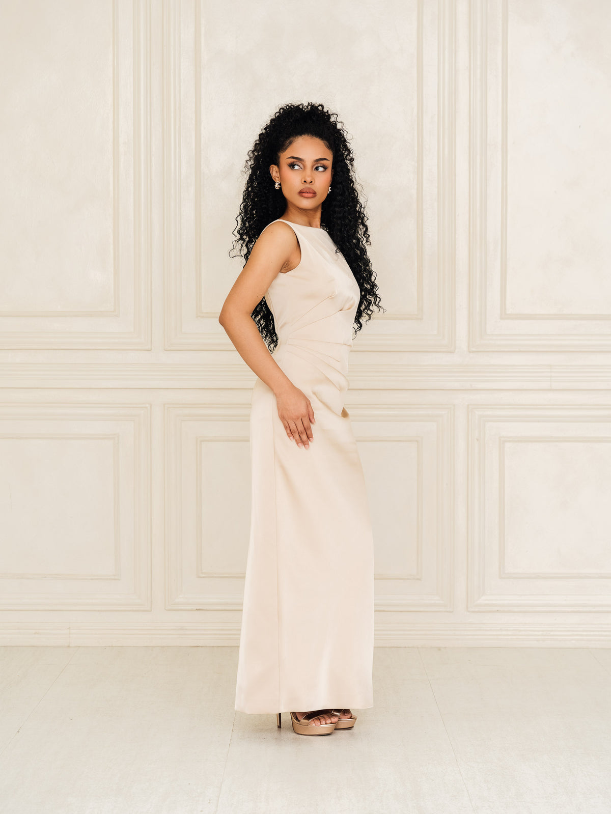 Fleur Elize Rosalind champagne open back dress side profile sleek cocktail party silhouette