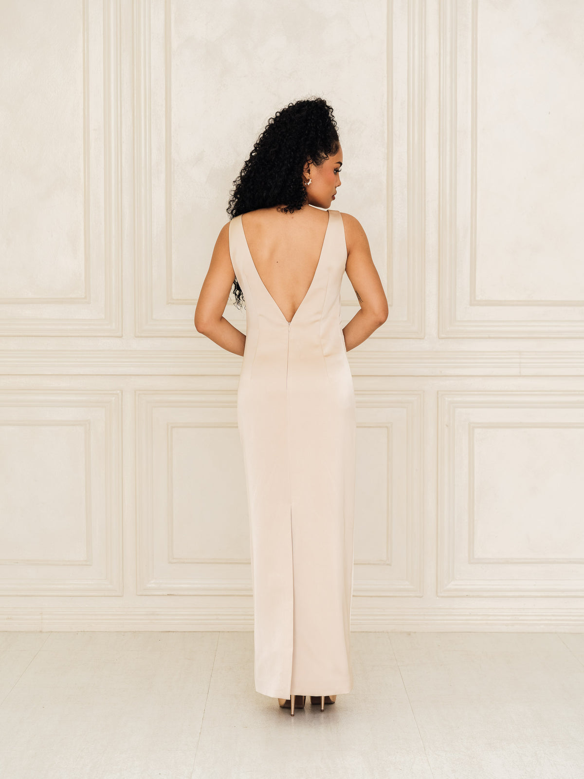 Fleur Elize Rosalind champagne dress stunning open back cutout perfect for date night