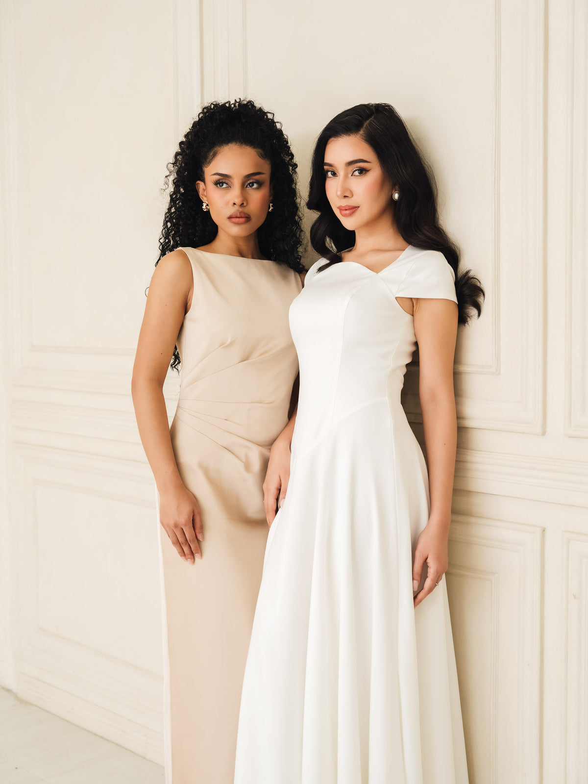 Fleur Elize Aurora ivory capsleeve flowy maxi dress front view elegant bridal silhouette
