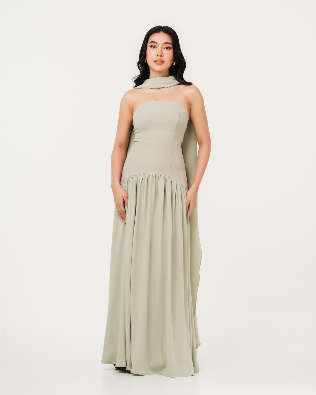 Fleur Elize Isabella sage flowy tube top dress with detachable shawl front view garden party elegance