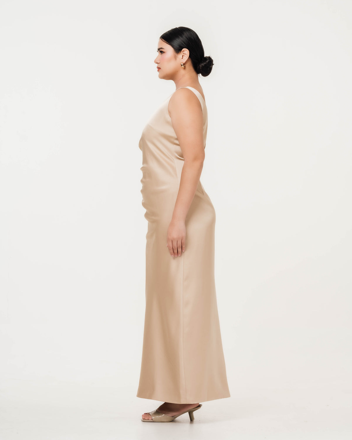 Fleur Elize Rosalind champagne open back dress side profile sleek cocktail party silhouette