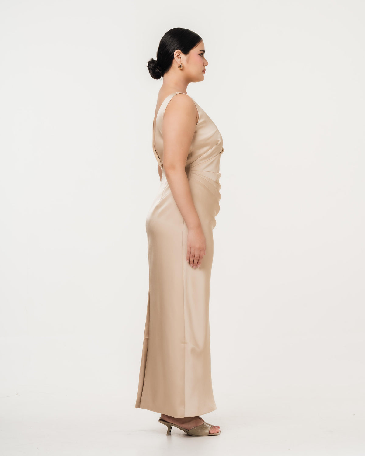 Fleur Elize Rosalind champagne open back dress side profile sleek cocktail party silhouette
