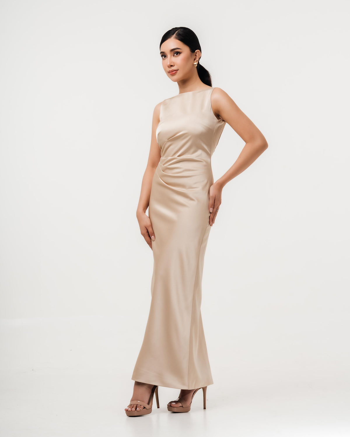 Fleur Elize Rosalind champagne boat neck open back dress front view elegant evening silhouette