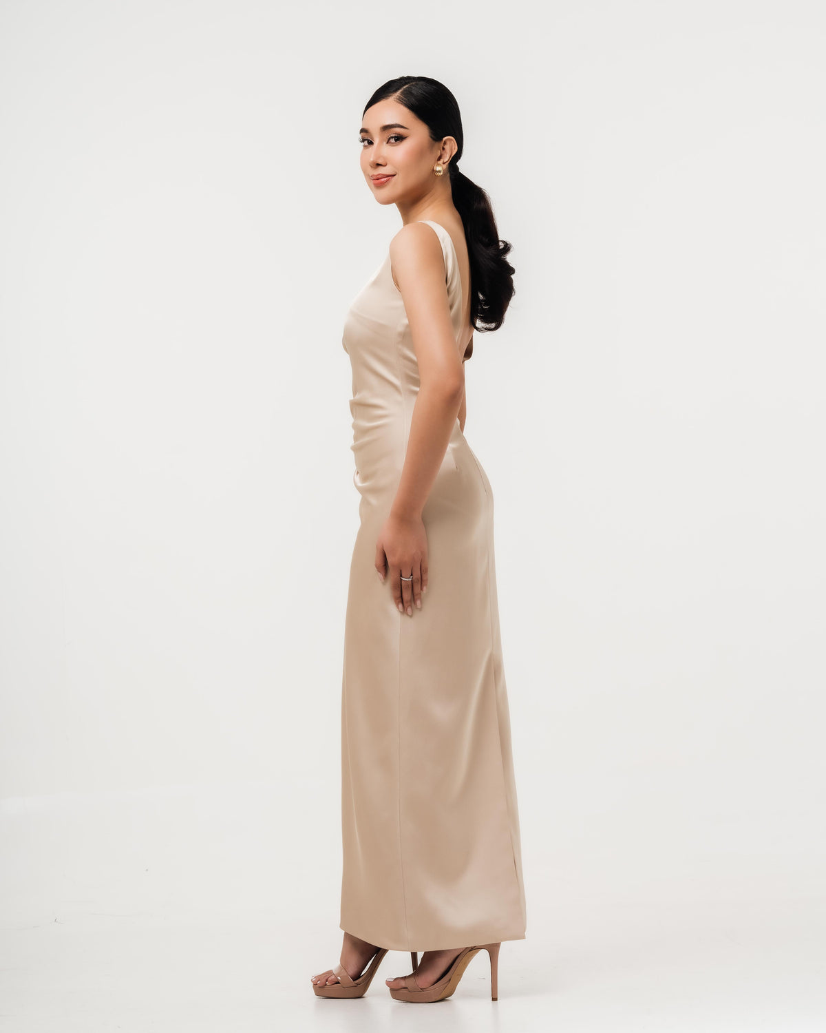 Fleur Elize Rosalind champagne open back dress side profile sleek cocktail party silhouette