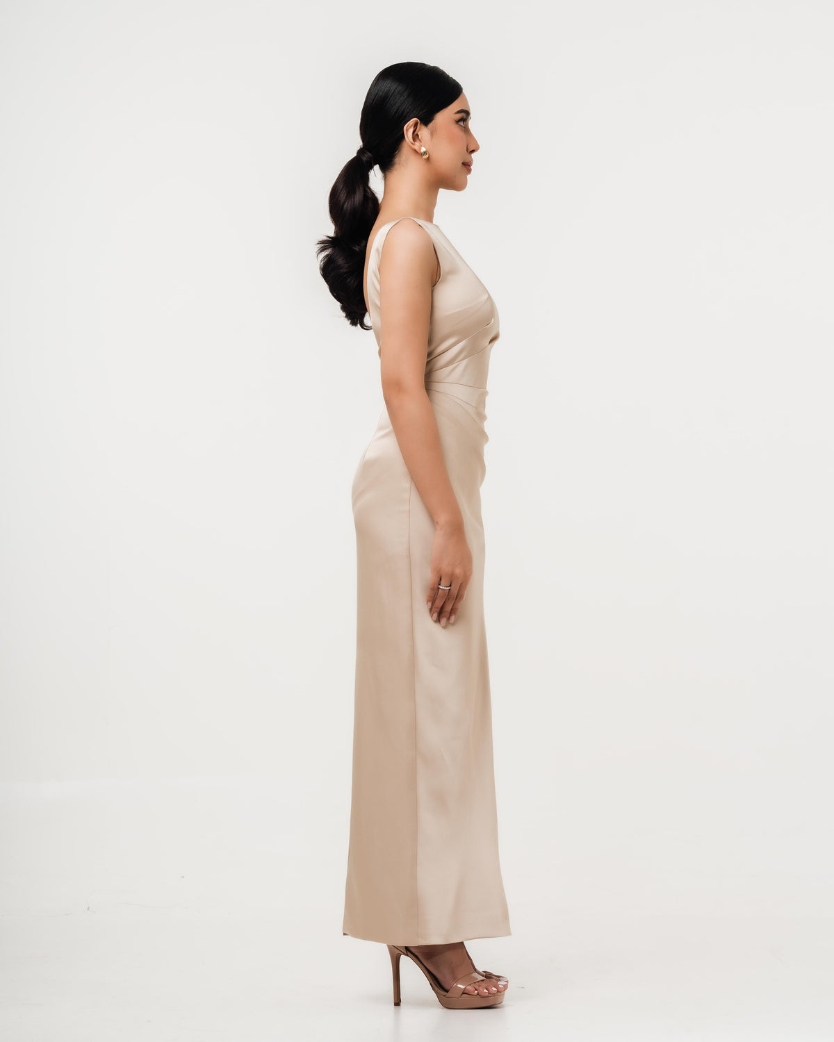 Fleur Elize Rosalind champagne open back dress side profile sleek cocktail party silhouette