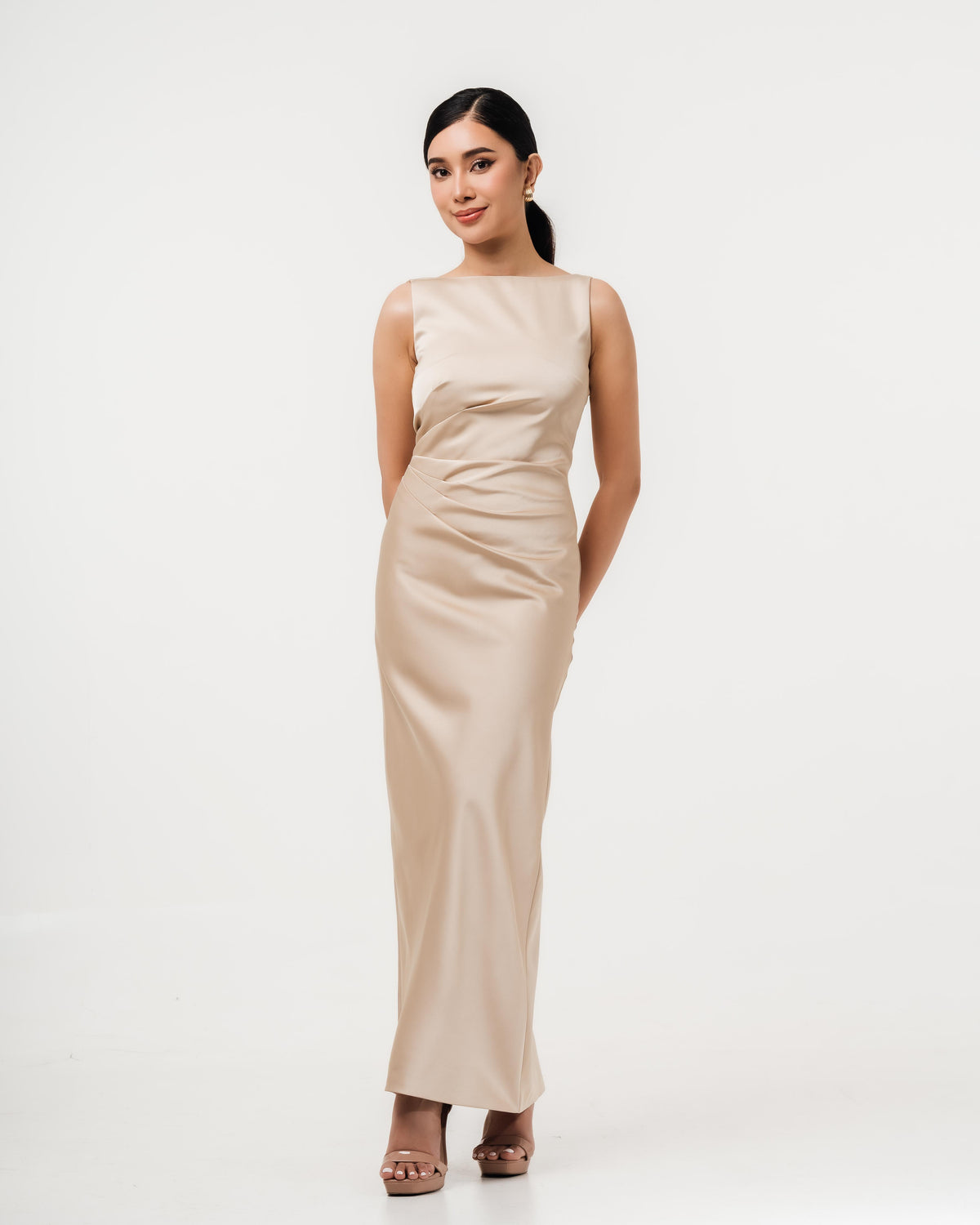 Fleur Elize Rosalind champagne boat neck open back dress front view elegant evening silhouette
