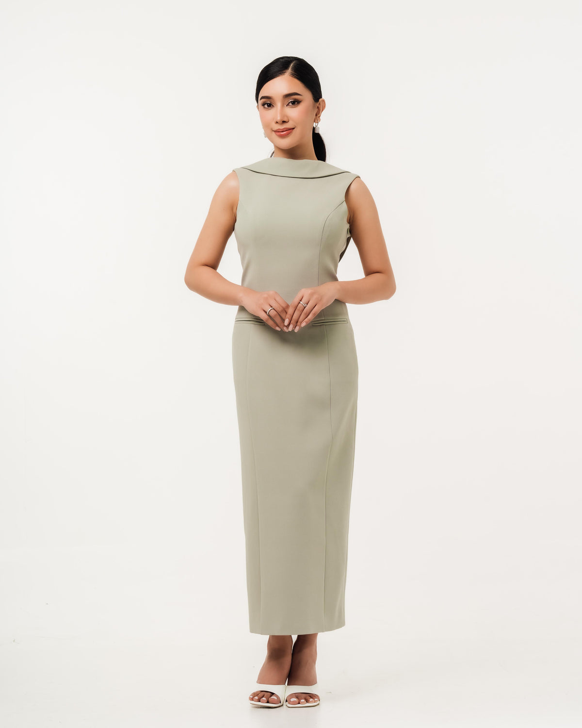 Fleur Elize Lorelei sage shawl collar dress front view elegant garden party silhouette
