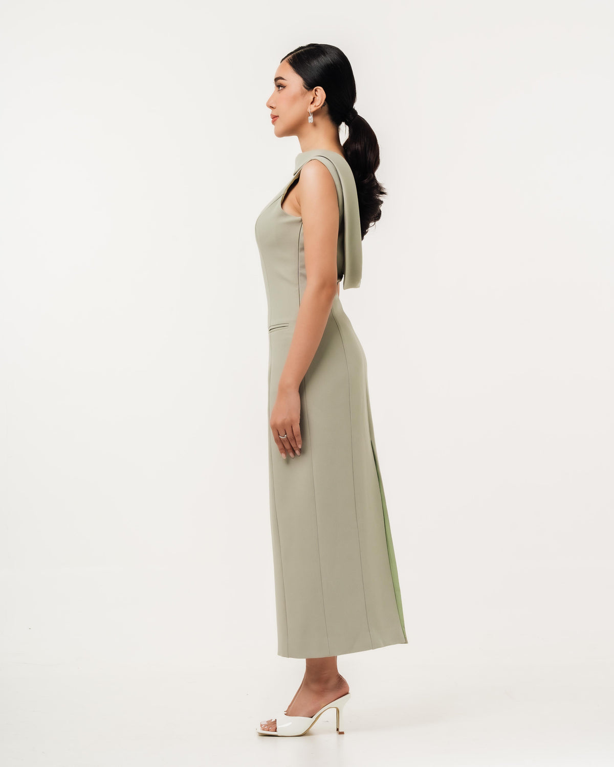  Fleur Elize Lorelei sage dress side profile sleek spring wedding guest sophistication