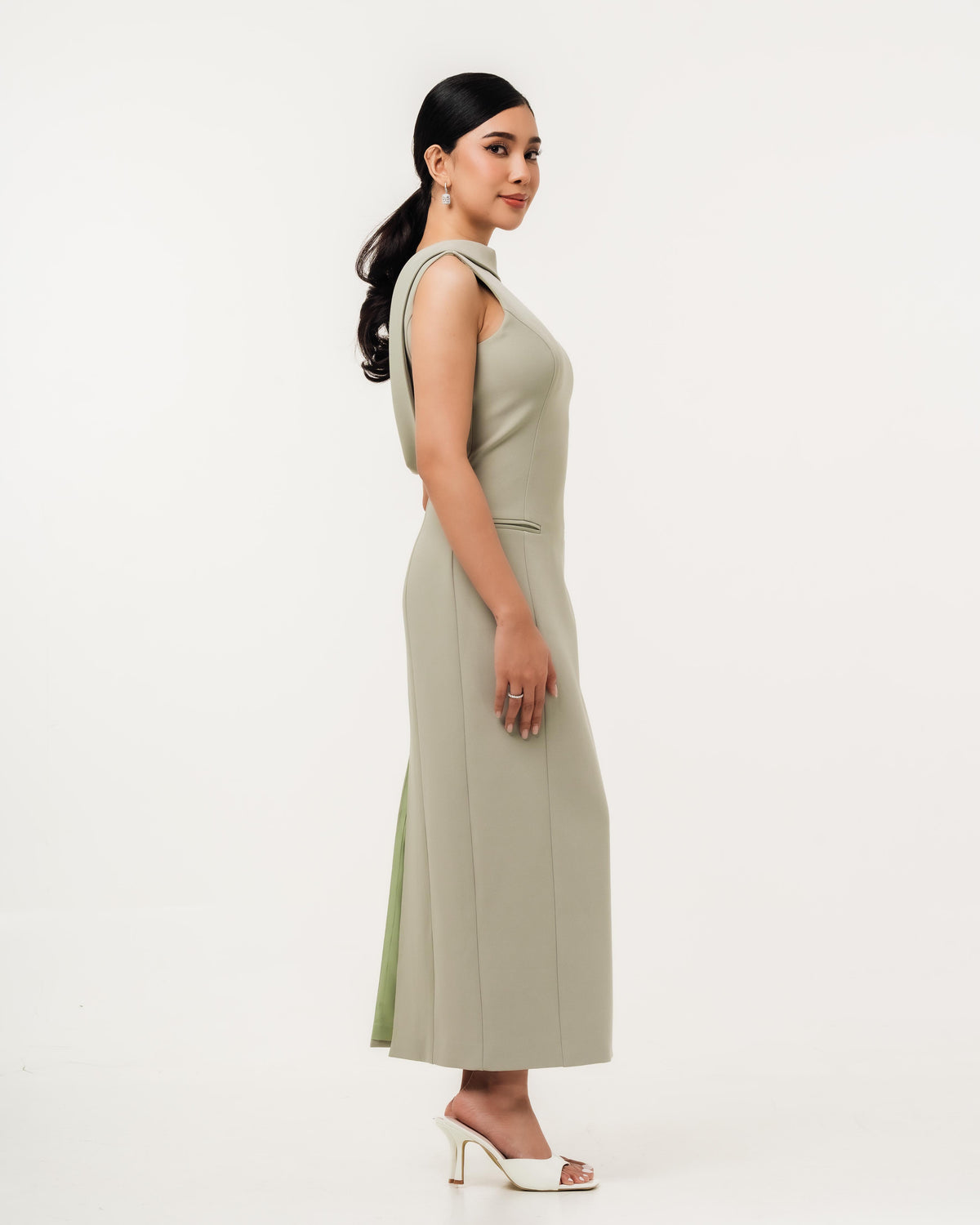  Fleur Elize Lorelei sage dress side profile sleek spring wedding guest sophistication