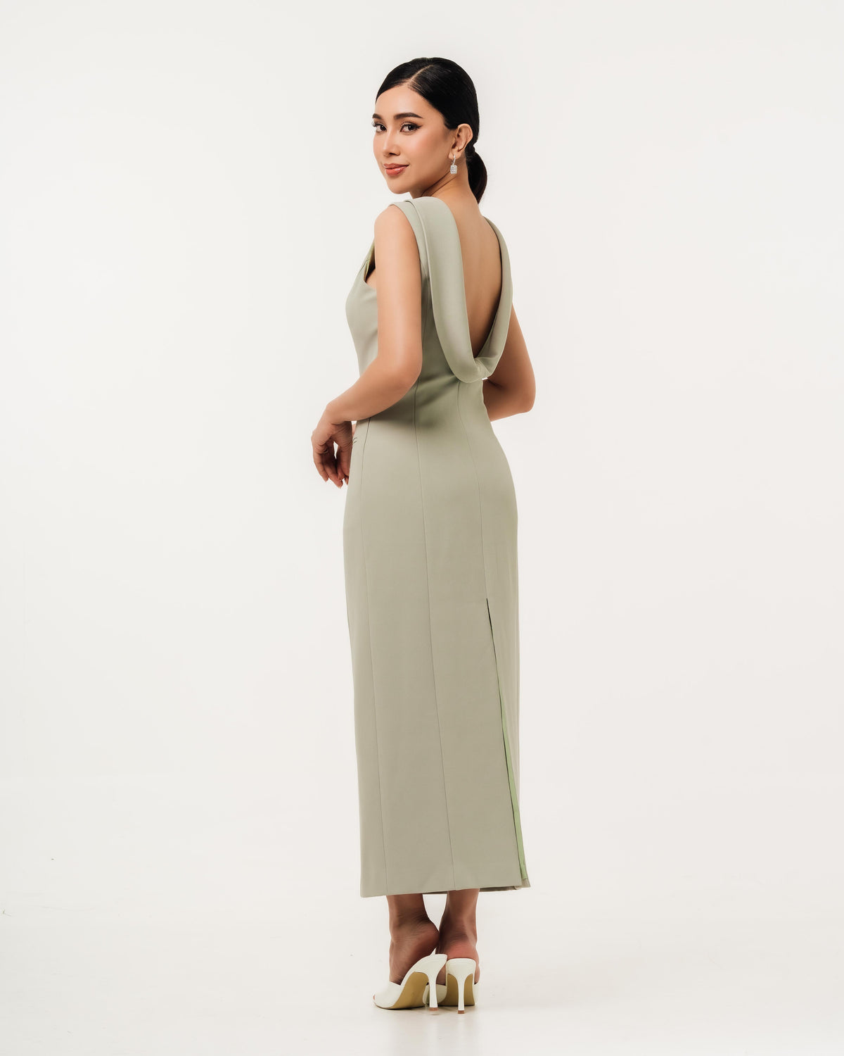  Fleur Elize Lorelei sage dress side profile sleek spring wedding guest sophistication