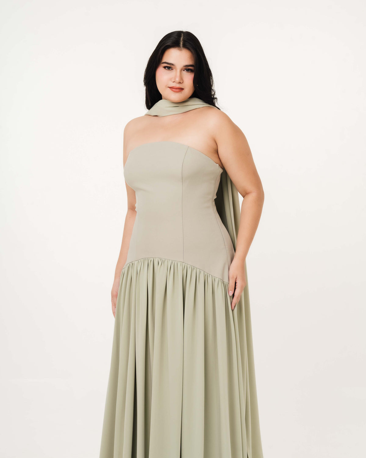  Fleur Elize Isabella sage flowy tube top dress with detachable shawl front view garden party elegance