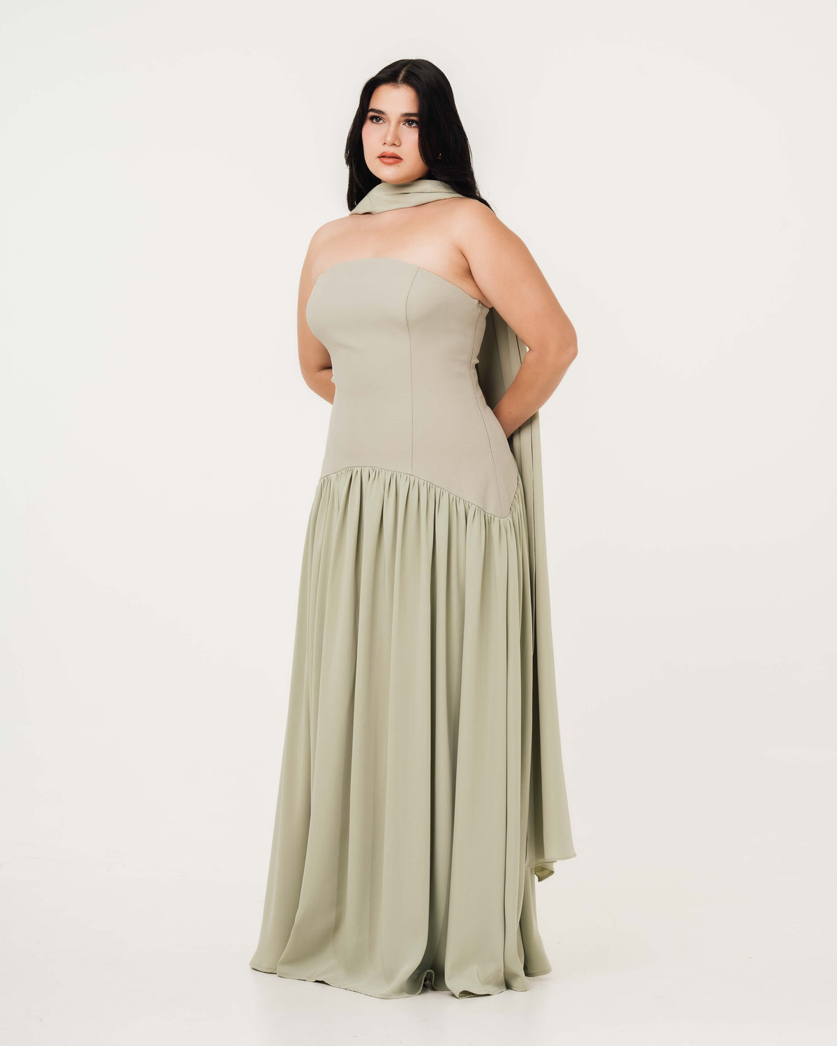Fleur Elize Isabella sage tube dress side profile sleek bridesmaid sophistication