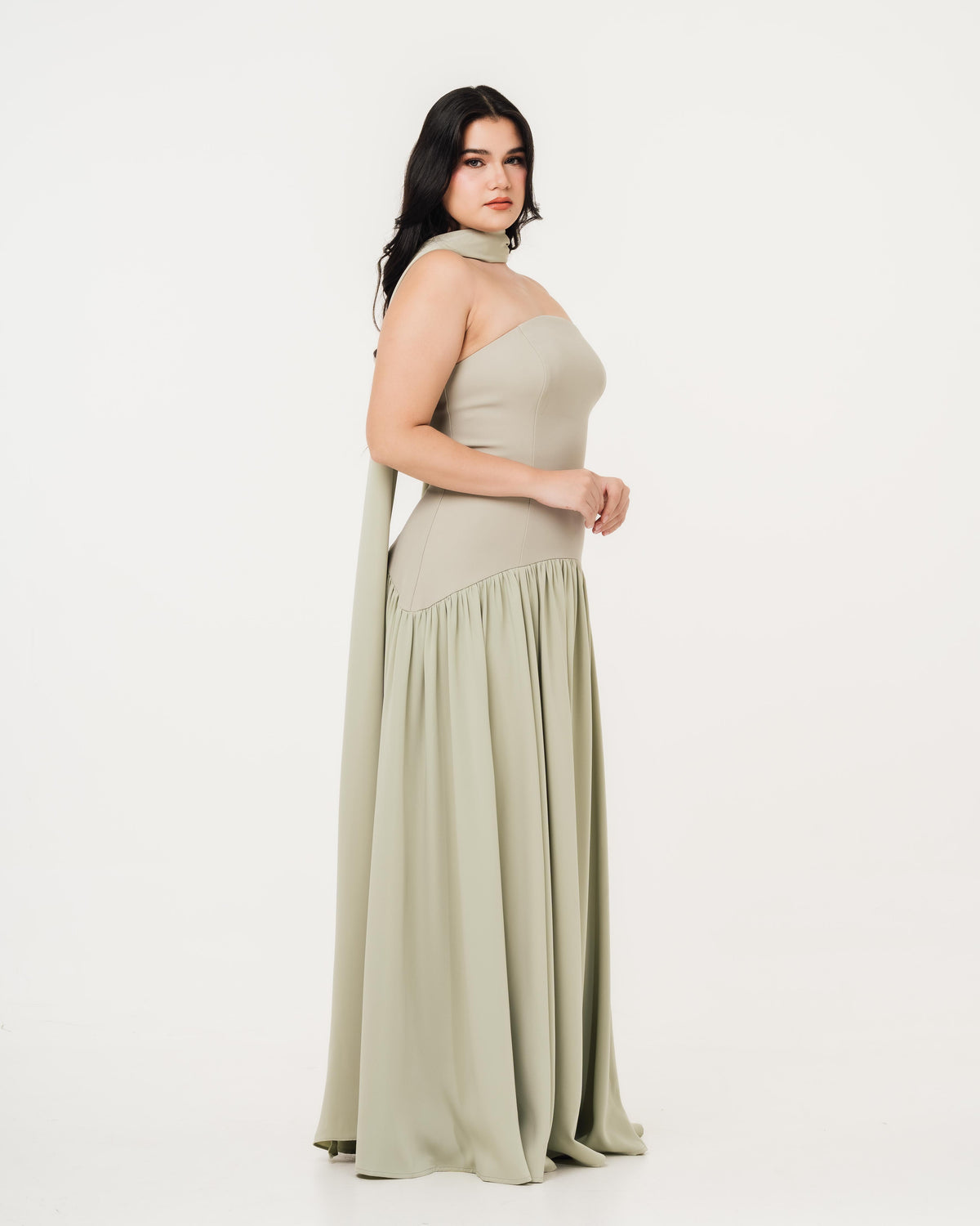 Fleur Elize Isabella sage tube dress side profile sleek bridesmaid sophistication