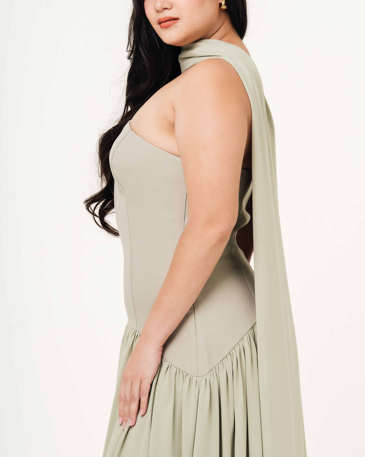 Fleur Elize Isabella sage tube dress side profile sleek bridesmaid sophistication