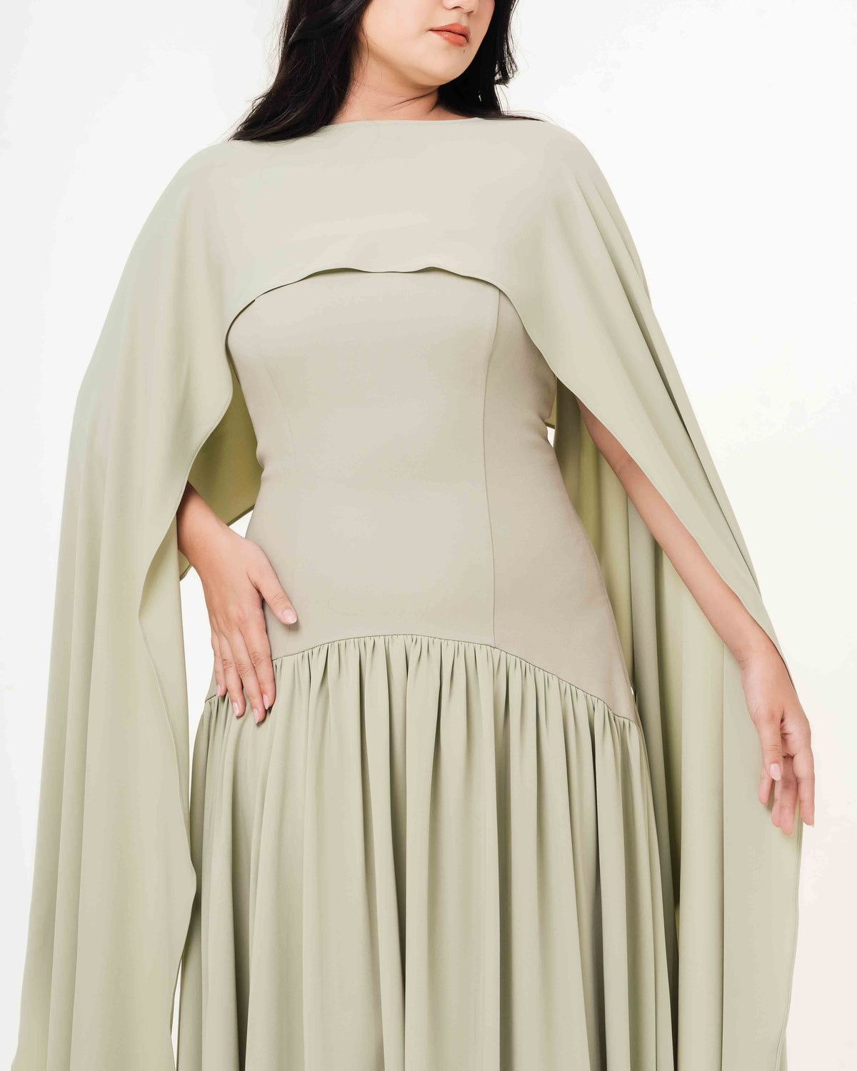 Fleur Elize Isabella sage flowy tube top dress with detachable shawl front view garden party elegance
