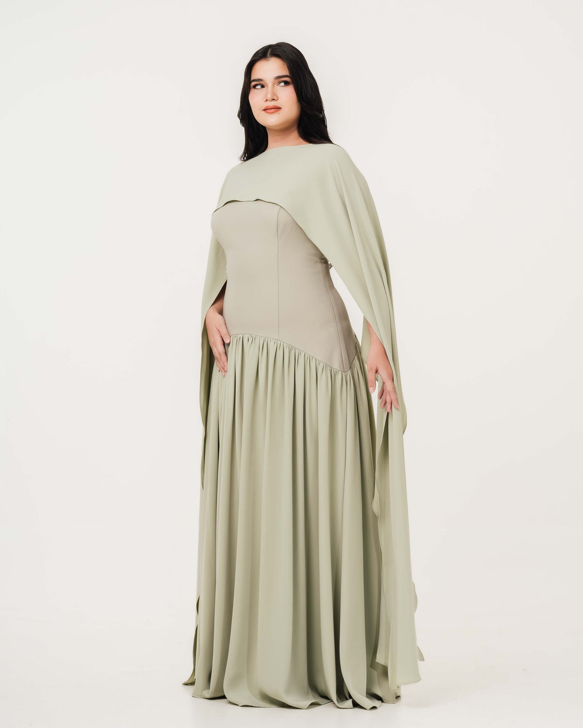 Fleur Elize Isabella sage flowy tube top dress with detachable shawl front view garden party elegance