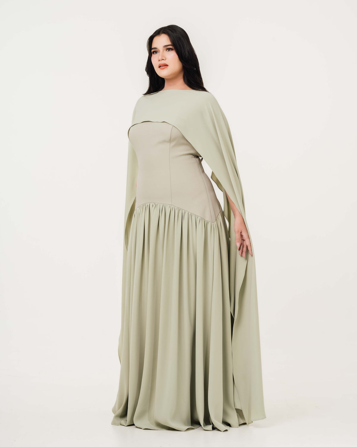 Fleur Elize Isabella sage flowy tube top dress with detachable shawl front view garden party elegance