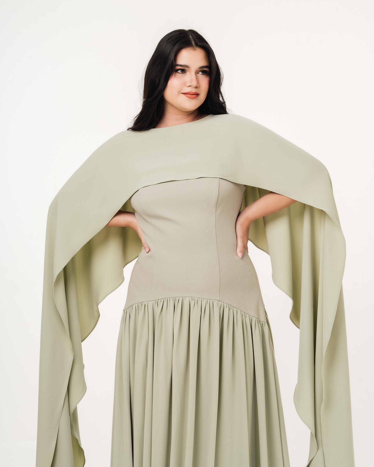 Fleur Elize Isabella sage flowy tube top dress with detachable shawl front view garden party elegance