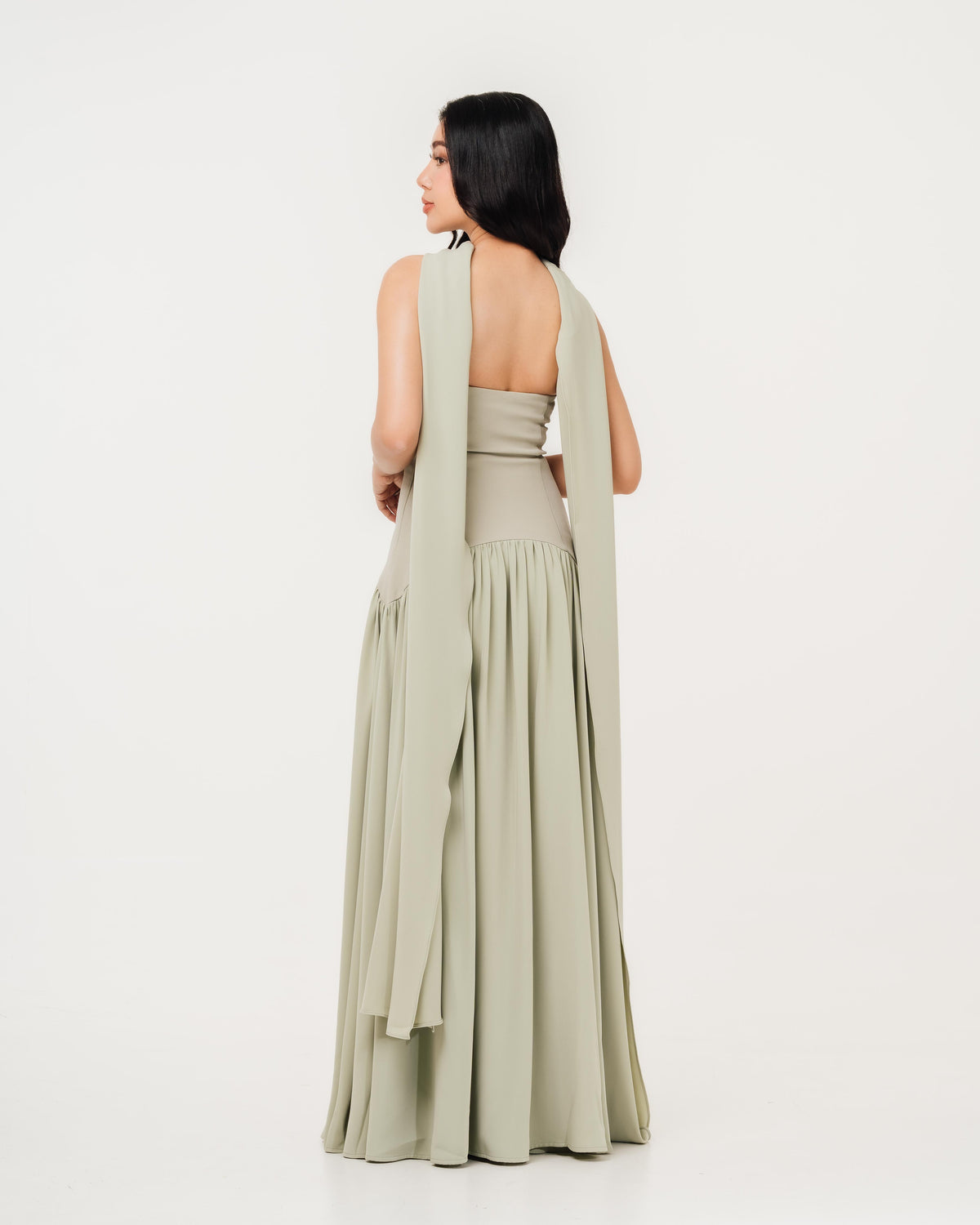 Fleur Elize Isabella sage flowy tube top dress back view refined outdoor wedding styling