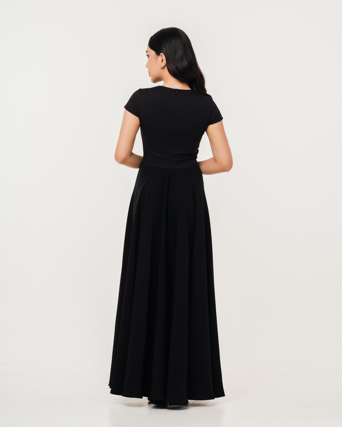  Fleur Elize Aurora black capsleeve flowy maxi dress back view refined formal styling