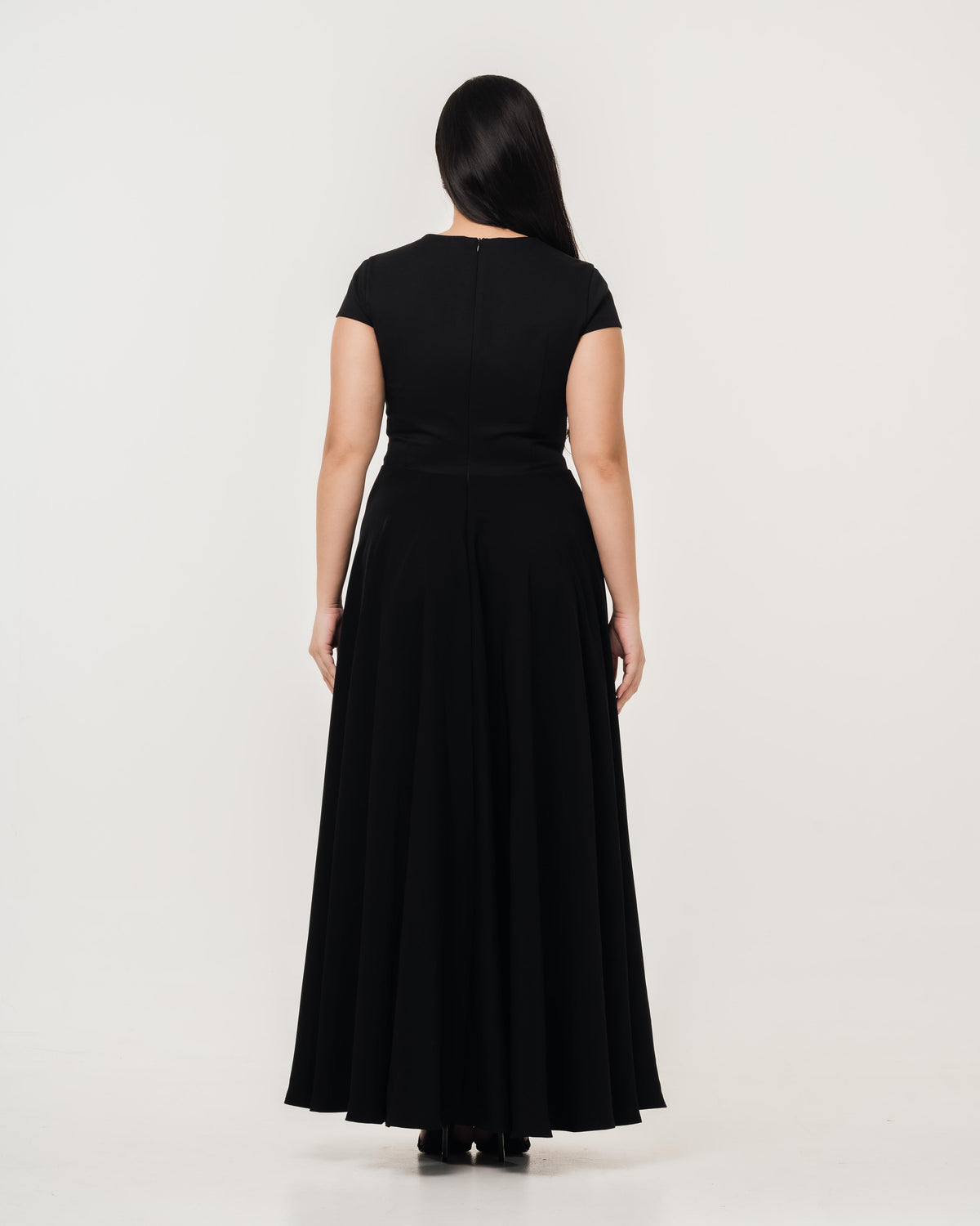 Fleur Elize Aurora black capsleeve flowy maxi dress back view refined formal styling