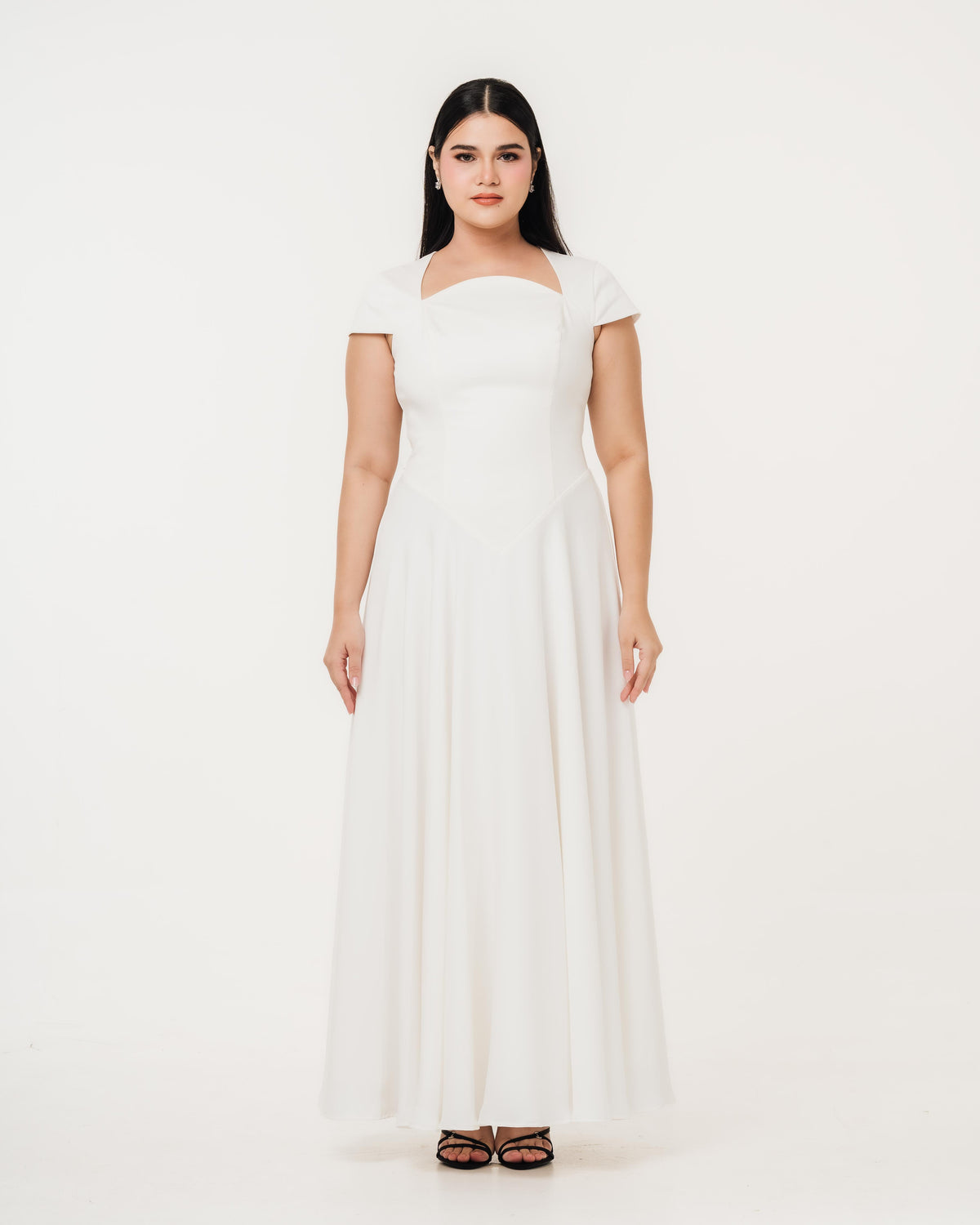 Fleur Elize Aurora ivory capsleeve flowy maxi dress front view elegant bridal silhouette
