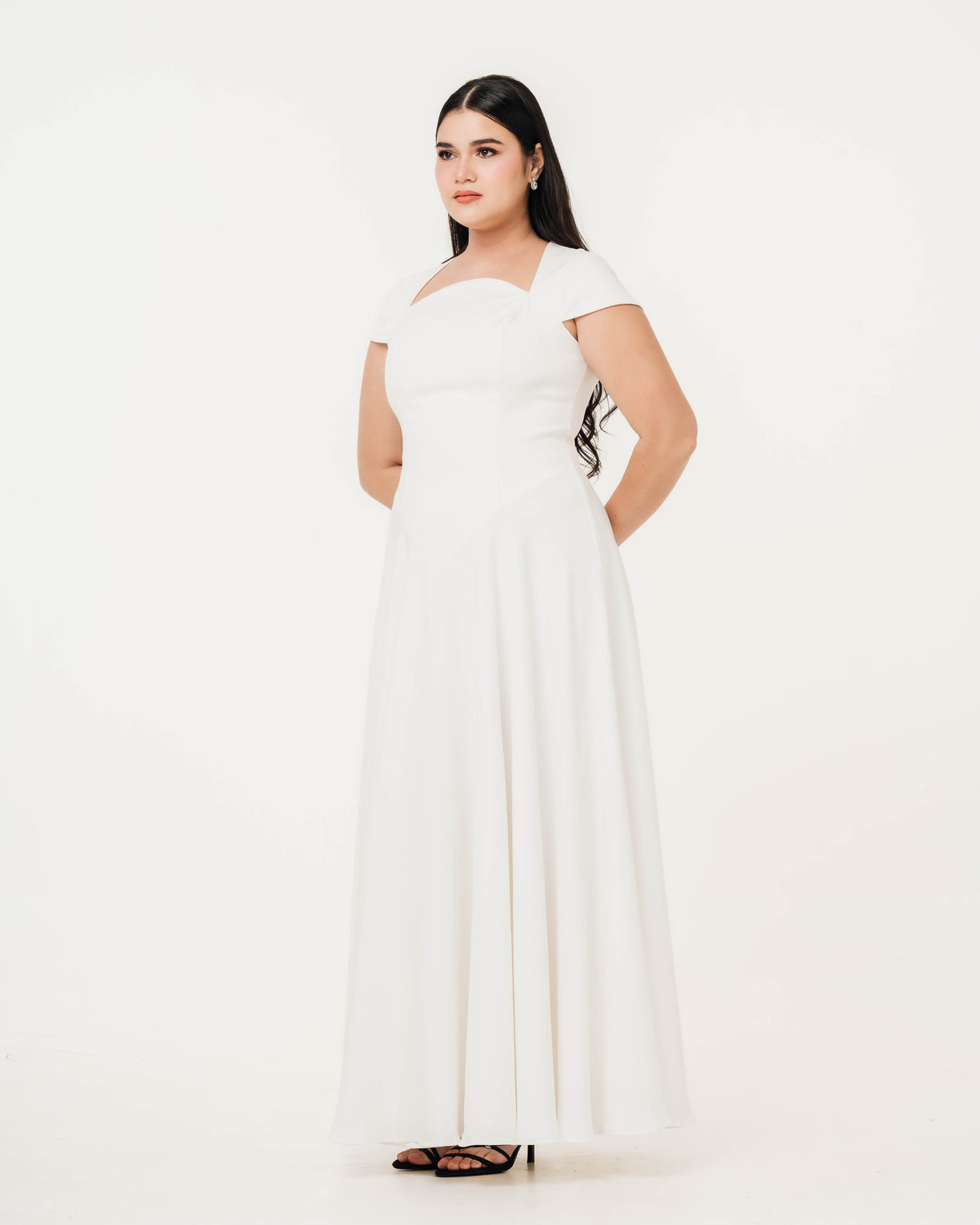 Fleur Elize Aurora ivory capsleeve flowy maxi dress front view elegant bridal silhouette