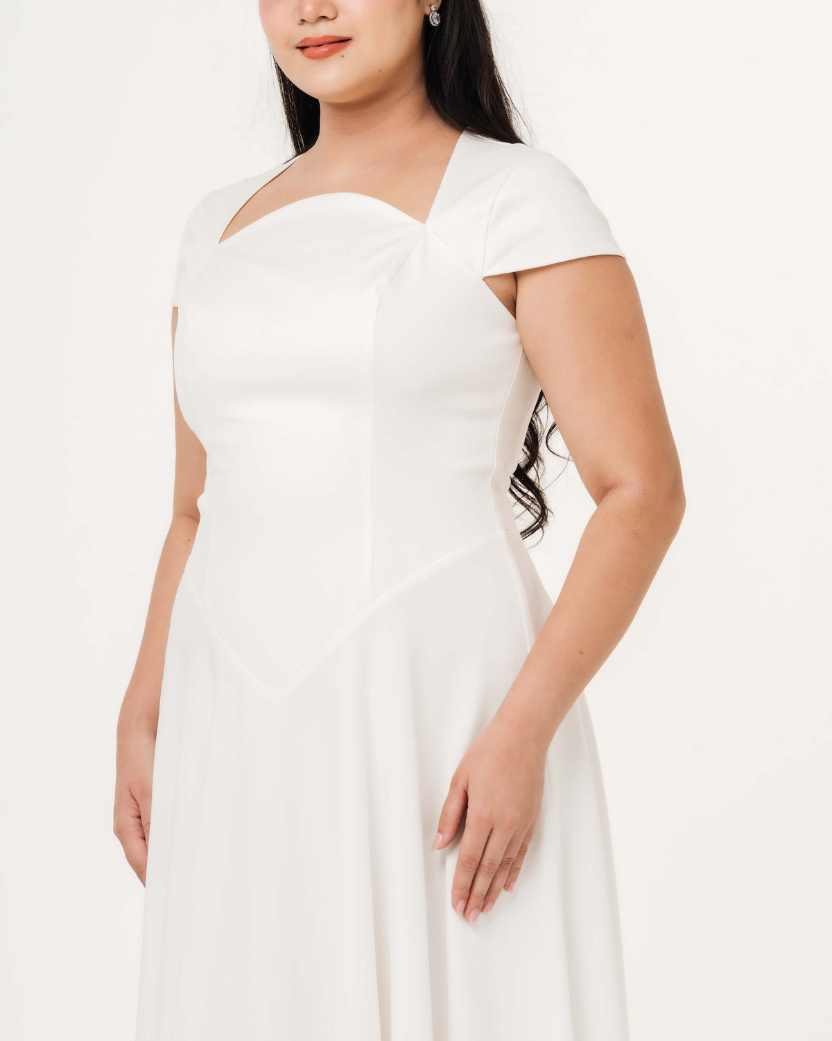 Fleur Elize Aurora ivory capsleeve flowy maxi dress front view elegant bridal silhouette