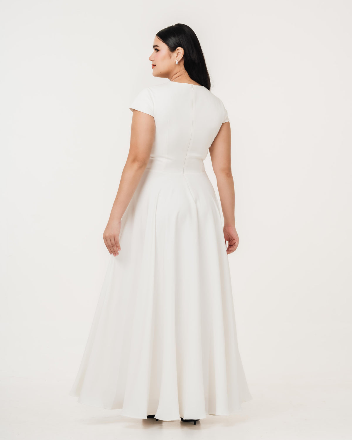 Fleur Elize Aurora ivory capsleeve flowy maxi dress back view refined bridal styling
