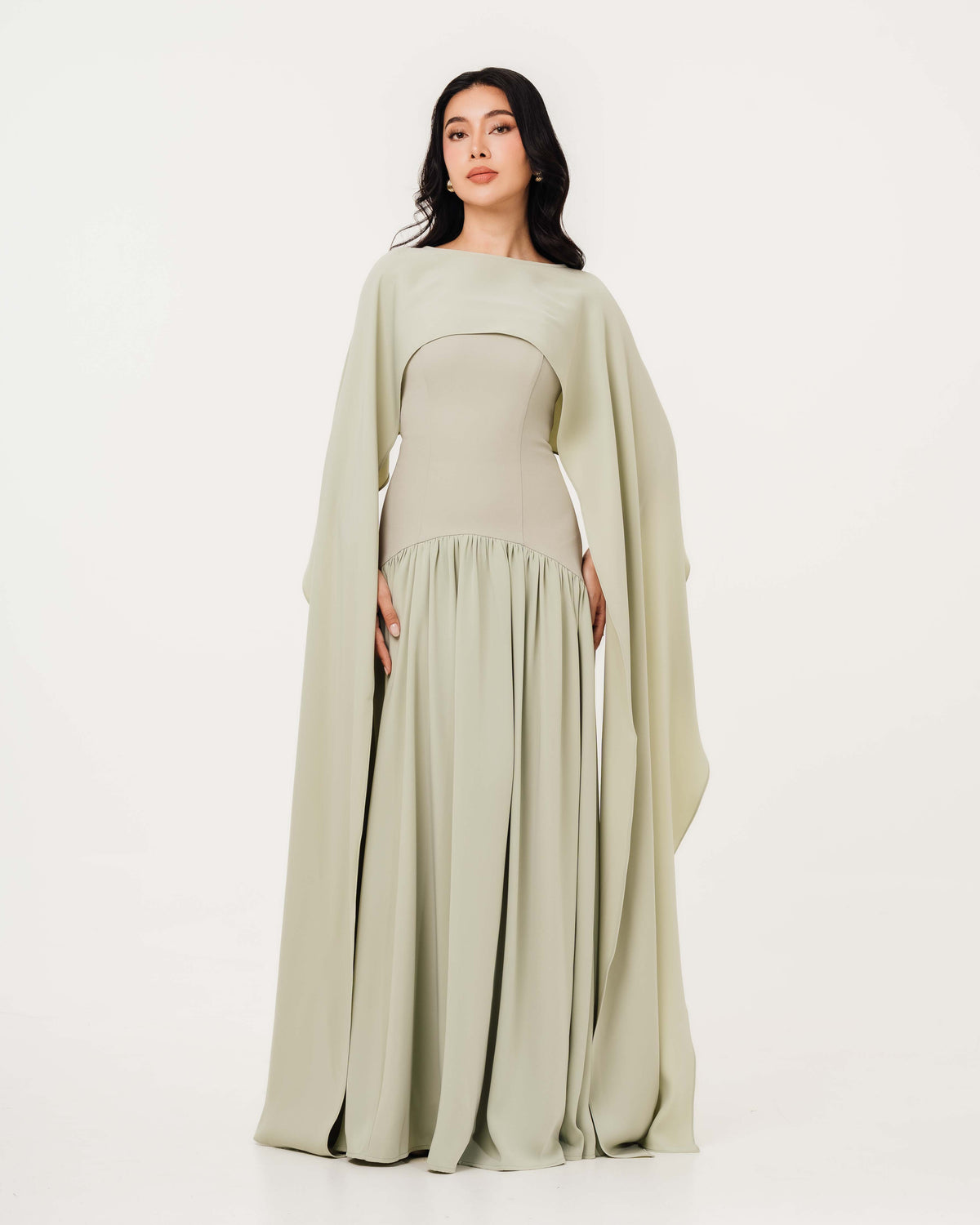 Fleur Elize Isabella sage flowy tube top dress with detachable shawl front view garden party elegance