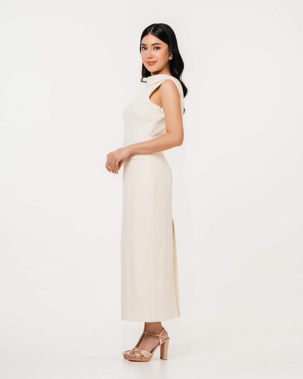 Fleur Elize Lorelei ivory dress side profile sleek rehearsal dinner sophistication
