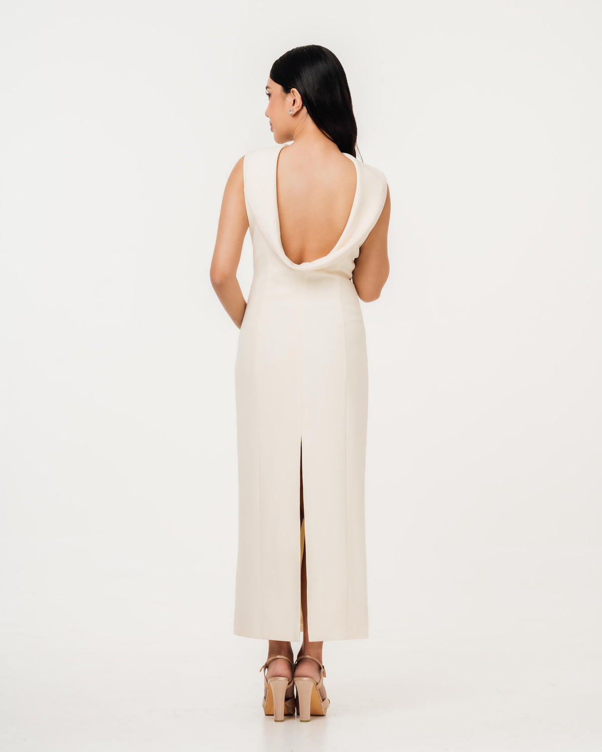 Fleur Elize Lorelei ivory shawl collar dress back view refined engagement party styling