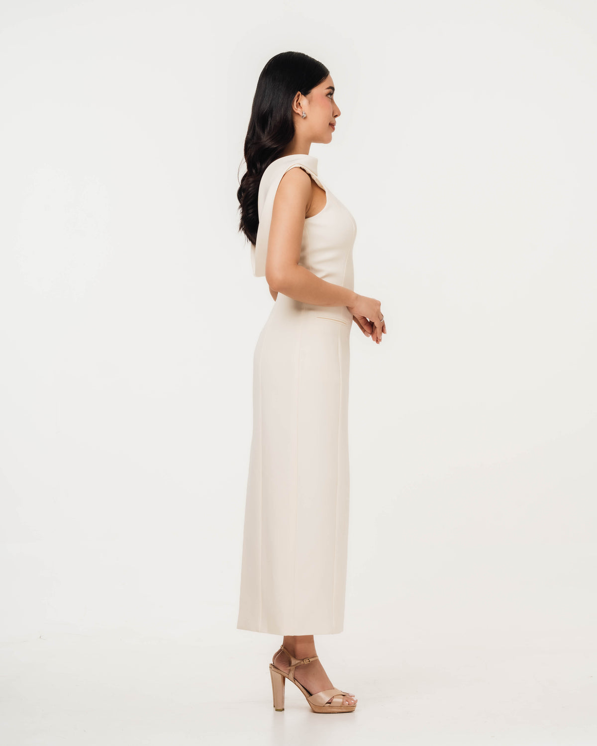Fleur Elize Lorelei ivory dress side profile sleek rehearsal dinner sophistication