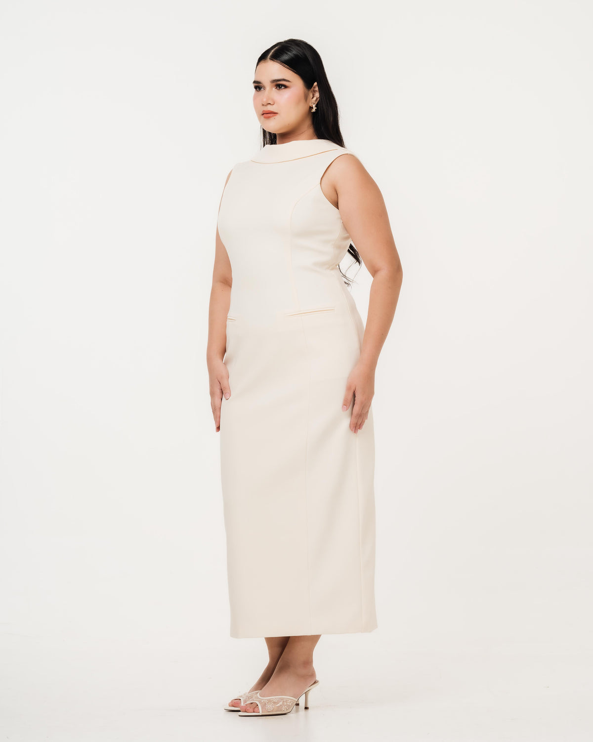  Fleur Elize Lorelei ivory dress side profile sleek rehearsal dinner sophistication