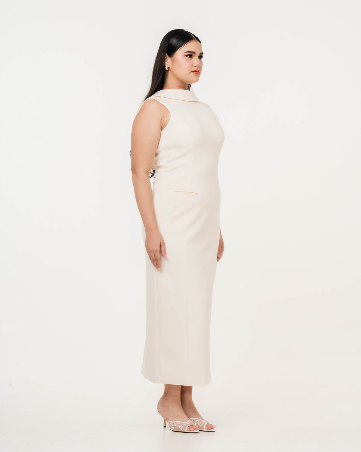  Fleur Elize Lorelei ivory dress side profile sleek rehearsal dinner sophistication