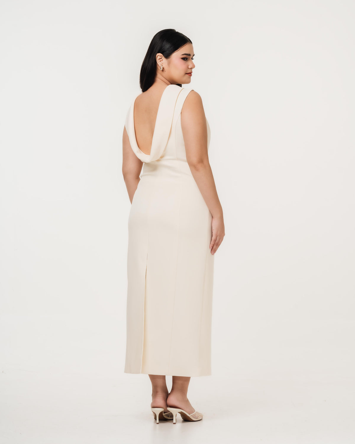 Fleur Elize Lorelei ivory shawl collar dress back view refined engagement party styling