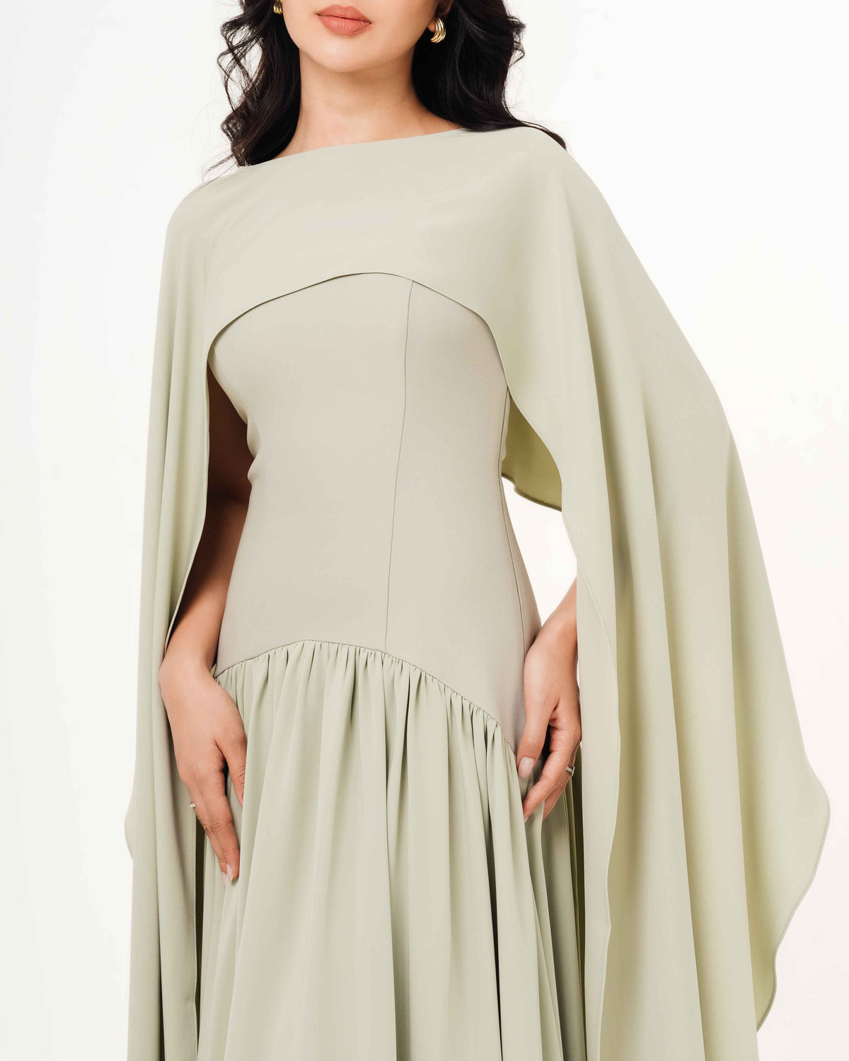 Fleur Elize Isabella sage flowy tube top dress with detachable shawl front view garden party elegance