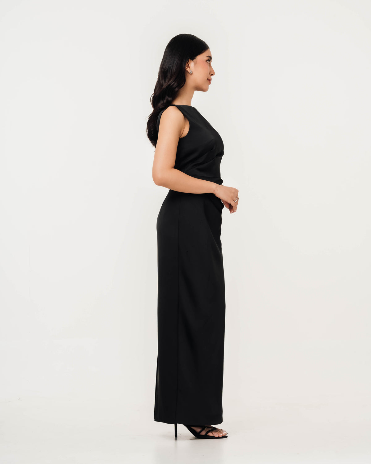 Fleur Elize Rosalind black open back dress side profile sleek cocktail party silhouette