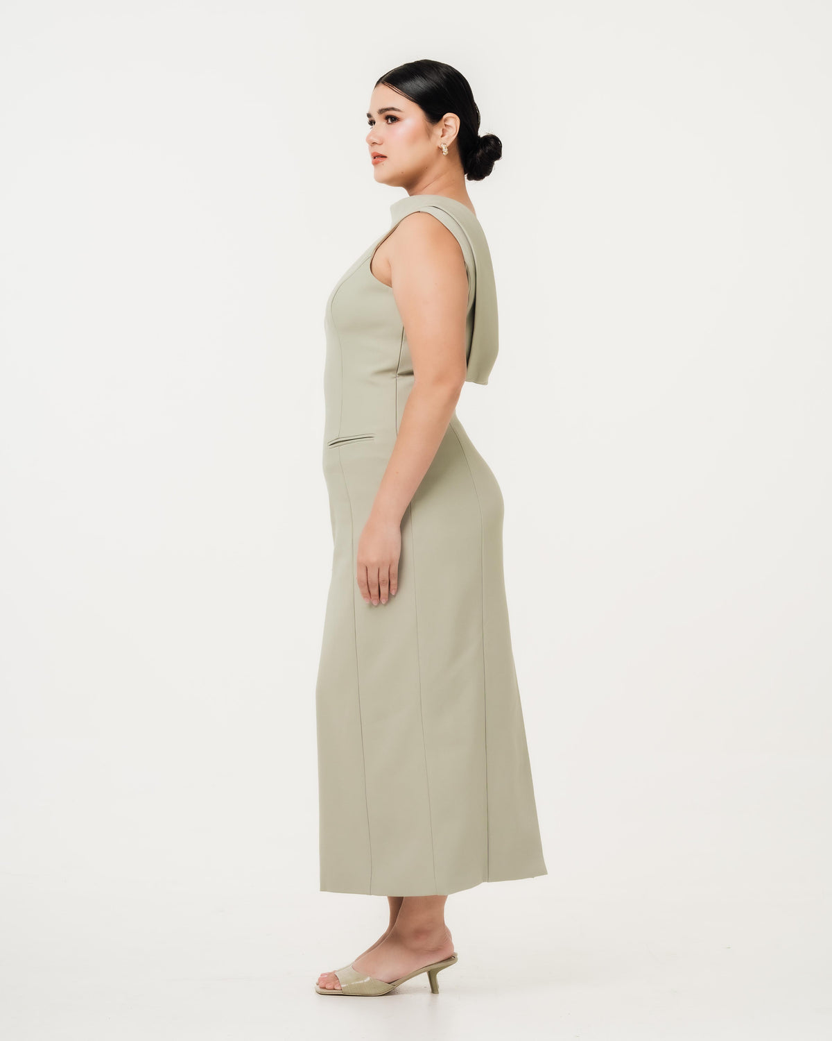 Fleur Elize Lorelei sage dress side profile sleek spring wedding guest sophistication