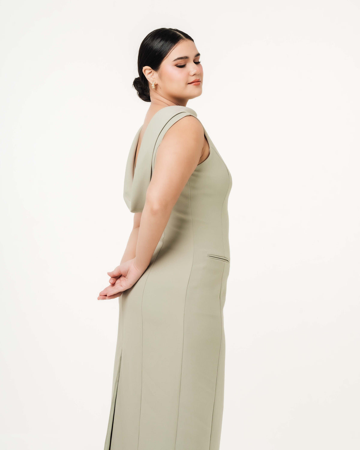 Fleur Elize Lorelei sage dress side profile sleek spring wedding guest sophistication