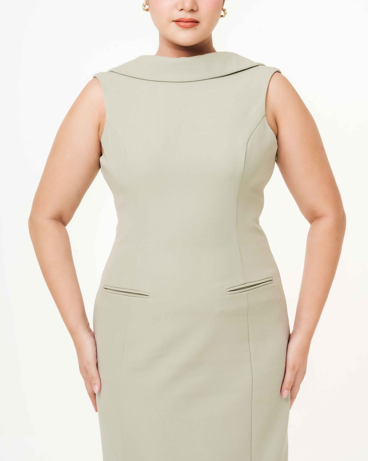 Fleur Elize Lorelei sage shawl collar dress front view elegant garden party silhouette